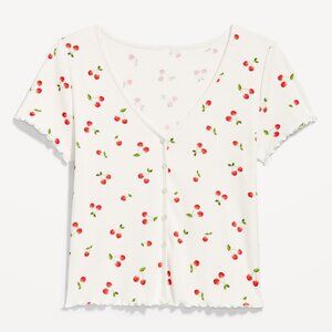 Old Navy Cherry Print Ribbed Button-Down Lettuce-Edge Top